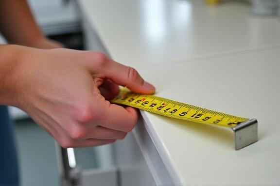 줄자로 주방 공간의 크기를 측정하는 사람